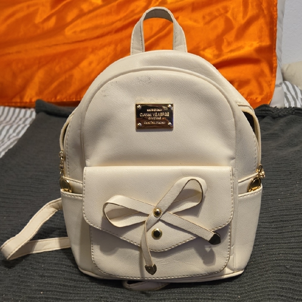 White Leather Small Backpack‎ Made In Italy